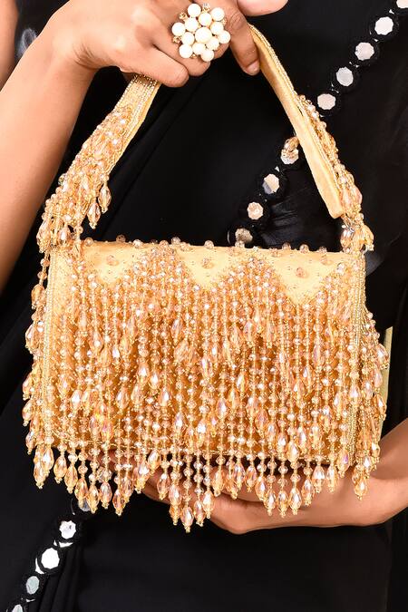 Buy House Of Webhin Gold Crystals Embellished Flap Bag With Handle Buy_House Of Webhin_Gold Crystals Embellished Flap Bag With Handle