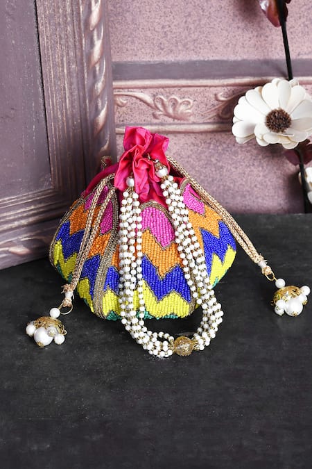 Shop_House Of Webhin_Multi Color Beads, Pearls Embellished Potli With Handle _at_Aza_Fashions