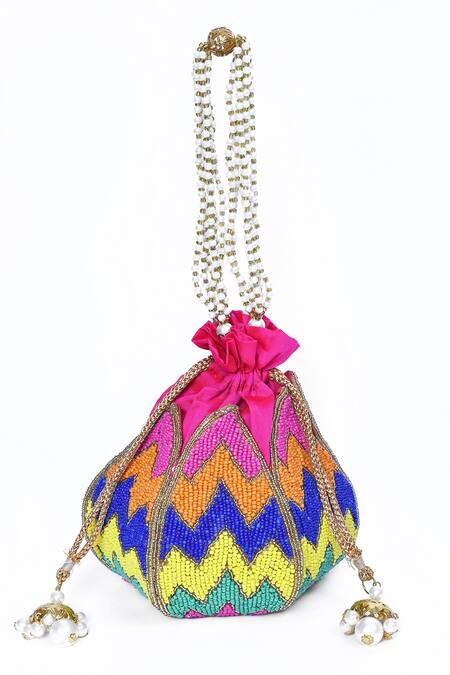 House Of Webhin_Multi Color Beads, Pearls Embellished Potli With Handle _Online_at_Aza_Fashions
