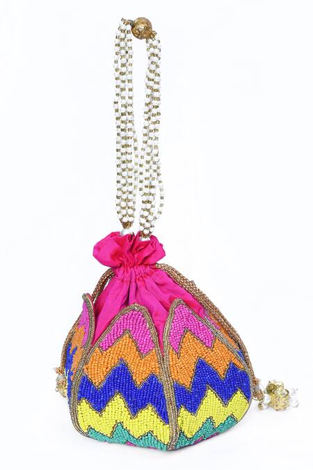 Shop_House Of Webhin_Multi Color Beads, Pearls Embellished Potli With Handle _Online_at_Aza_Fashions