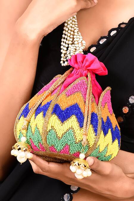 Buy House Of Webhin Multi Color Beads, Pearls Embellished Potli With Handle Buy_House Of Webhin_Multi Color Beads, Pearls Embellished Potli With Handle