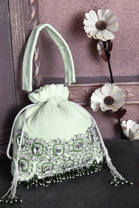 Shop_House Of Webhin_Green Stones Embellished Potli With Handle _at_Aza_Fashions