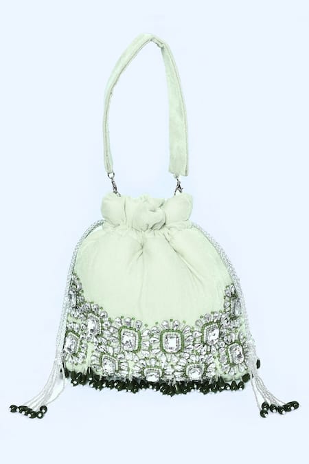 House Of Webhin_Green Stones Embellished Potli With Handle _Online_at_Aza_Fashions