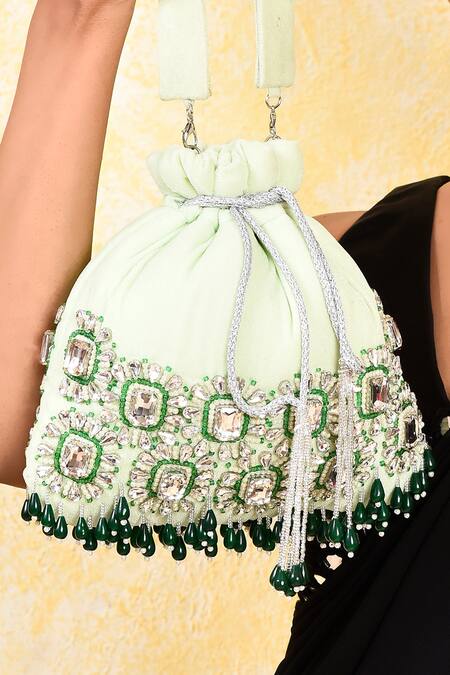 Buy House Of Webhin Green Stones Embellished Potli With Handle Buy_House Of Webhin_Green Stones Embellished Potli With Handle