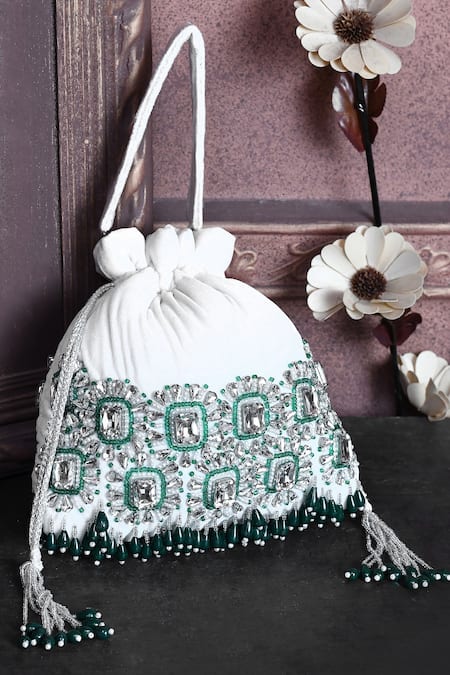 Shop_House Of Webhin_White Stones Embellished Potli With Short Handle _at_Aza_Fashions