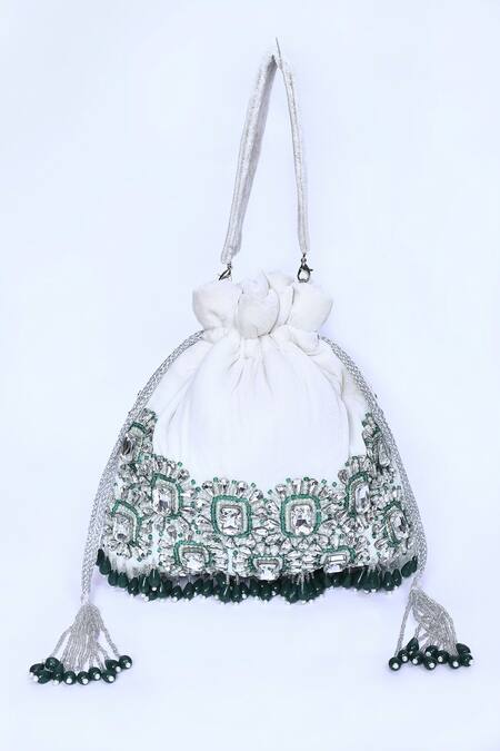 House Of Webhin_White Stones Embellished Potli With Short Handle _Online_at_Aza_Fashions