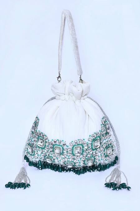 Shop_House Of Webhin_White Stones Embellished Potli With Short Handle _Online_at_Aza_Fashions
