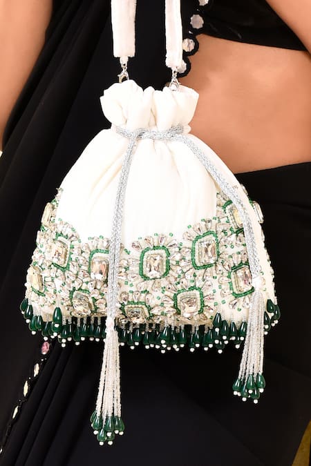 Buy House Of Webhin White Stones Embellished Potli With Short Handle Buy_House Of Webhin_White Stones Embellished Potli With Short Handle