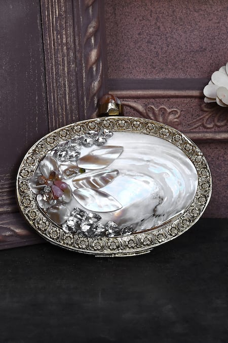 Shop_House Of Webhin_Gold Pearls Embellished Oval-shaped Clutch With Chain _at_Aza_Fashions