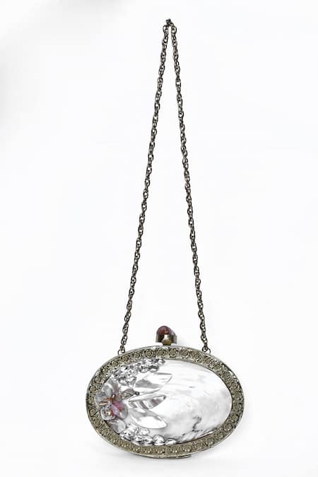 House Of Webhin_Gold Pearls Embellished Oval-shaped Clutch With Chain _Online_at_Aza_Fashions