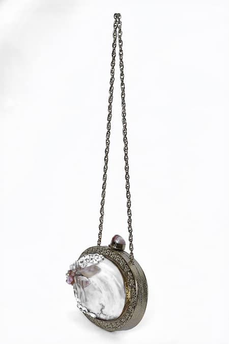 Buy_House Of Webhin_Gold Pearls Embellished Oval-shaped Clutch With Chain _Online_at_Aza_Fashions