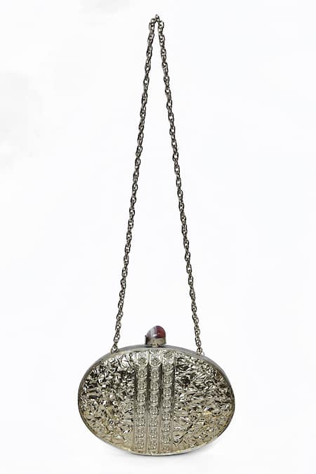 Shop_House Of Webhin_Gold Pearls Embellished Oval-shaped Clutch With Chain _Online_at_Aza_Fashions
