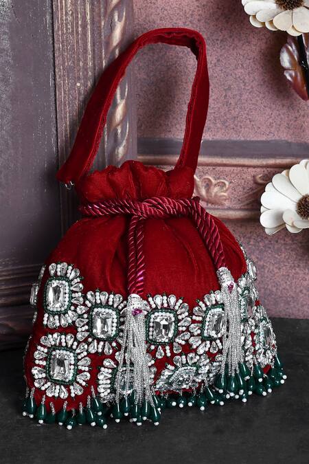 Shop_House Of Webhin_Red Stones Work Potli With Handle _at_Aza_Fashions