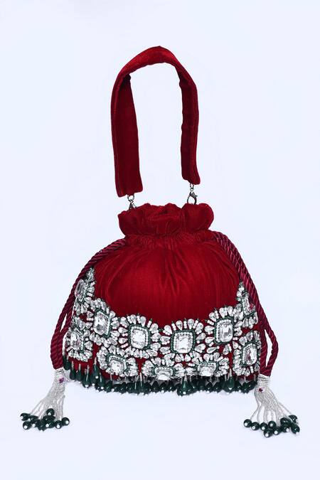 House Of Webhin_Red Stones Work Potli With Handle _Online_at_Aza_Fashions