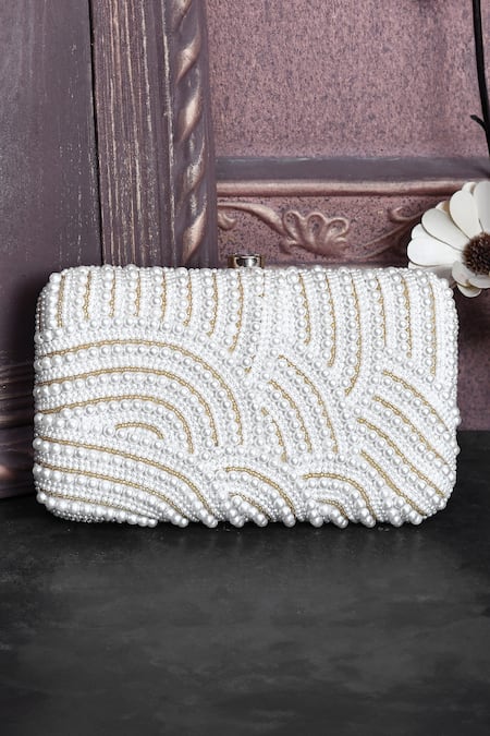 Shop_House Of Webhin_White Pearls Embellished Clutch Bag With Sling Chain _at_Aza_Fashions