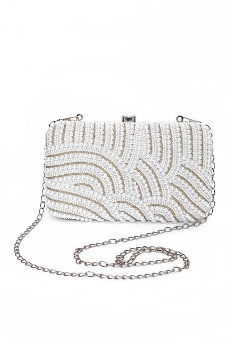 House Of Webhin_White Pearls Embellished Clutch Bag With Sling Chain _Online_at_Aza_Fashions