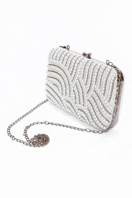 Buy_House Of Webhin_White Pearls Embellished Clutch Bag With Sling Chain _Online_at_Aza_Fashions
