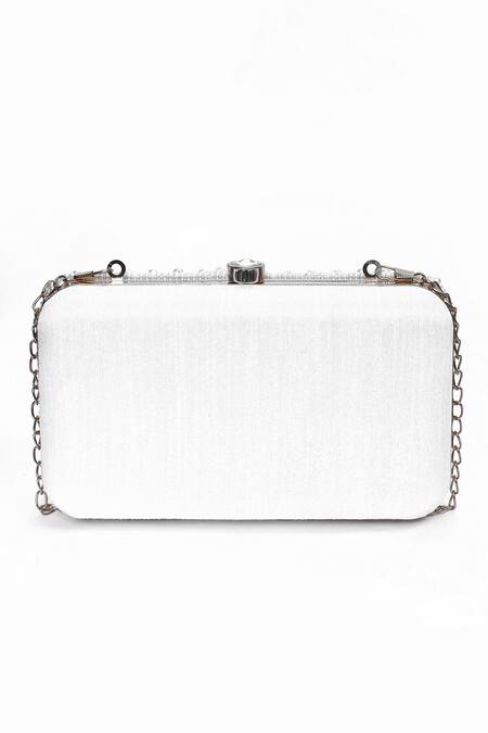 Shop_House Of Webhin_White Pearls Embellished Clutch Bag With Sling Chain _Online_at_Aza_Fashions