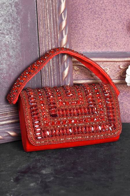 Shop_House Of Webhin_Red Stones Embellished Flap Bag With Handle _at_Aza_Fashions