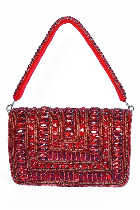 House Of Webhin_Red Stones Embellished Flap Bag With Handle _Online_at_Aza_Fashions