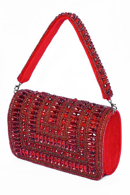 Buy_House Of Webhin_Red Stones Embellished Flap Bag With Handle _Online_at_Aza_Fashions
