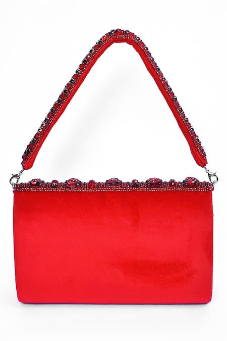 Shop_House Of Webhin_Red Stones Embellished Flap Bag With Handle _Online_at_Aza_Fashions