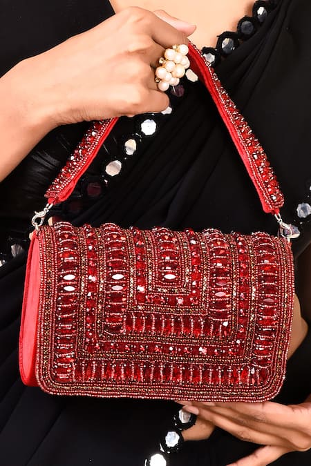 House Of Webhin Red Stones Embellished Flap Bag With Handle at Aza Fashions House Of Webhin_Red Stones Embellished Flap Bag With Handle _at_Aza_Fashions