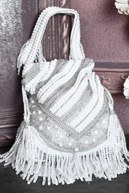 Shop_House Of Webhin_White Pearls, Beads And Embellished Potli Bag With Handle _at_Aza_Fashions
