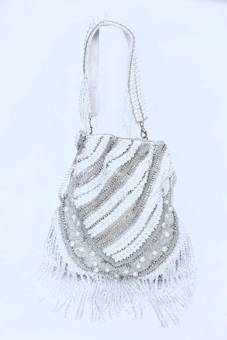 House Of Webhin_White Pearls, Beads And Embellished Potli Bag With Handle _Online_at_Aza_Fashions