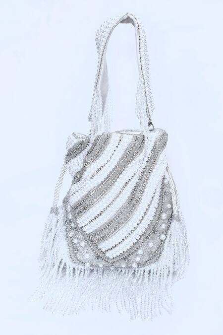 Shop_House Of Webhin_White Pearls, Beads And Embellished Potli Bag With Handle _Online_at_Aza_Fashions