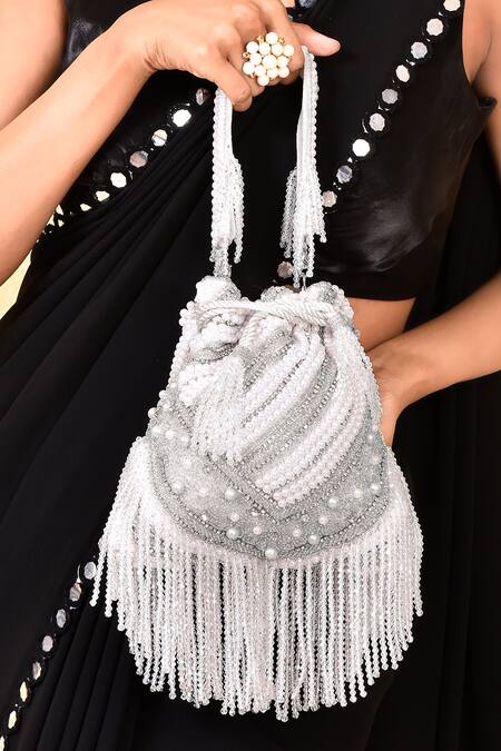 House Of Webhin White Pearls, Beads And Embellished Potli Bag With Handle at Aza Fashions House Of Webhin_White Pearls, Beads And Embellished Potli Bag With Handle _at_Aza_Fashions