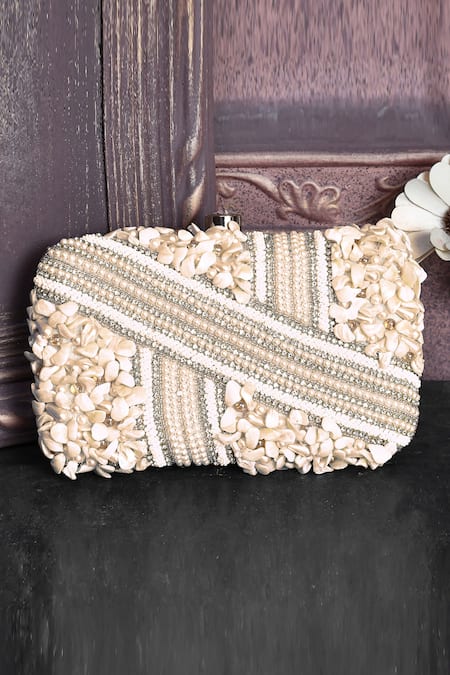 Shop_House Of Webhin_White Pearls Shell Embellished Clutch _at_Aza_Fashions