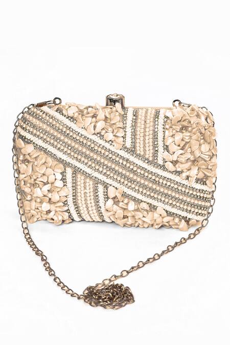 House Of Webhin_White Pearls Shell Embellished Clutch _Online_at_Aza_Fashions