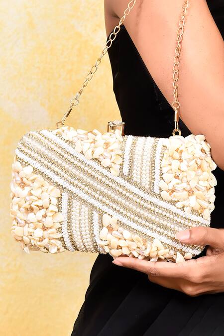 House Of Webhin White Pearls Shell Embellished Clutch at Aza Fashions House Of Webhin_White Pearls Shell Embellished Clutch _at_Aza_Fashions