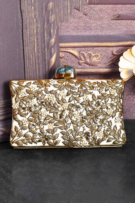 Shop_House Of Webhin_Gold Embroidery, Pearls Leaf Pattern Clutch _at_Aza_Fashions