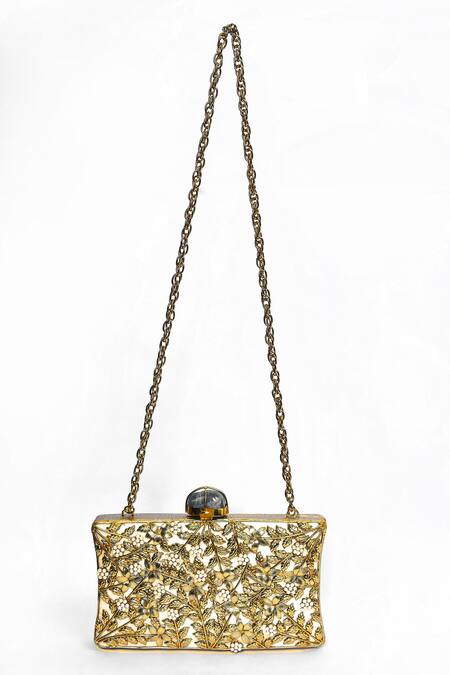 House Of Webhin_Gold Embroidery, Pearls Leaf Pattern Clutch _Online_at_Aza_Fashions