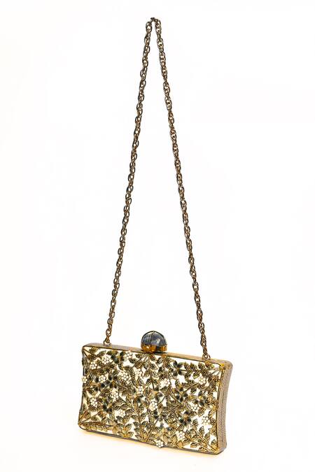 Buy_House Of Webhin_Gold Embroidery, Pearls Leaf Pattern Clutch _Online_at_Aza_Fashions