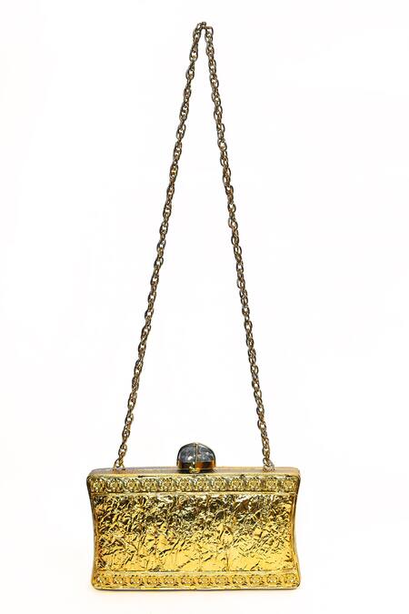 Shop_House Of Webhin_Gold Embroidery, Pearls Leaf Pattern Clutch _Online_at_Aza_Fashions
