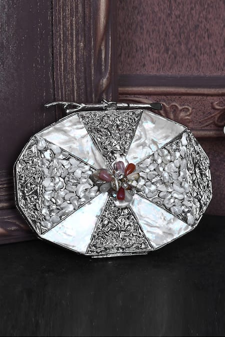 Shop_House Of Webhin_Silver Pearls Mother Of Embellished Clutch _at_Aza_Fashions