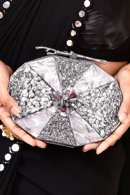 House Of Webhin Silver Pearls Mother Of Embellished Clutch at Aza Fashions House Of Webhin_Silver Pearls Mother Of Embellished Clutch _at_Aza_Fashions