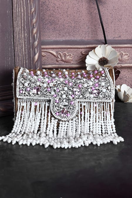 Shop_House Of Webhin_Brown Pearls, Beads Embellished Box Clutch _at_Aza_Fashions