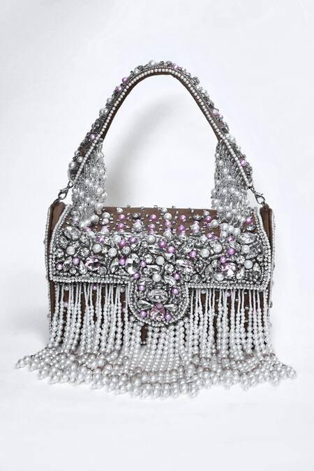 House Of Webhin_Brown Pearls, Beads Embellished Box Clutch _Online_at_Aza_Fashions