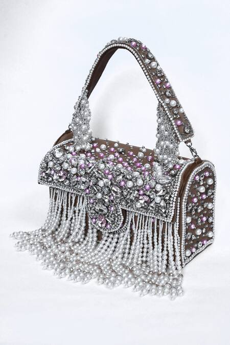 Buy_House Of Webhin_Brown Pearls, Beads Embellished Box Clutch _Online_at_Aza_Fashions