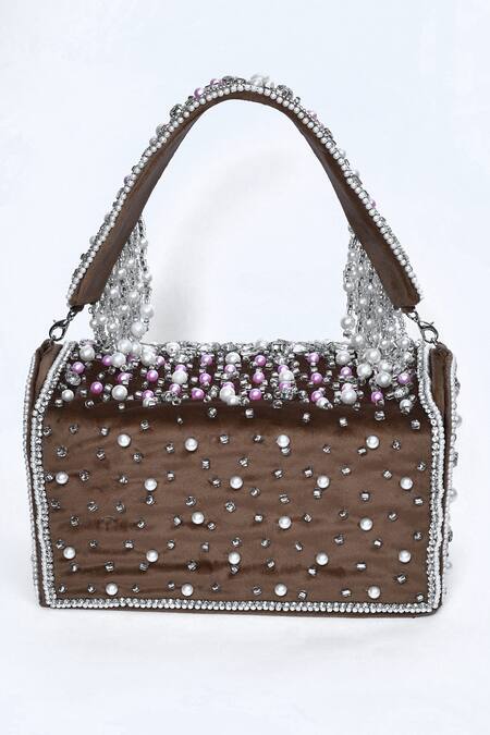 Shop_House Of Webhin_Brown Pearls, Beads Embellished Box Clutch _Online_at_Aza_Fashions