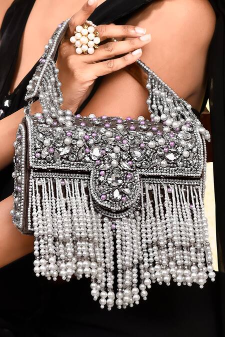 Buy House Of Webhin Brown Pearls, Beads Embellished Box Clutch Buy_House Of Webhin_Brown Pearls, Beads Embellished Box Clutch