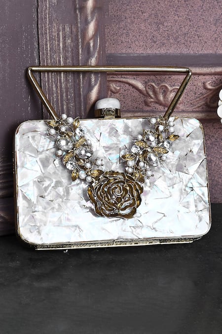 Shop_House Of Webhin_Gold Crystals, Embroidery Abstract Floral Embellished Clutch _at_Aza_Fashions