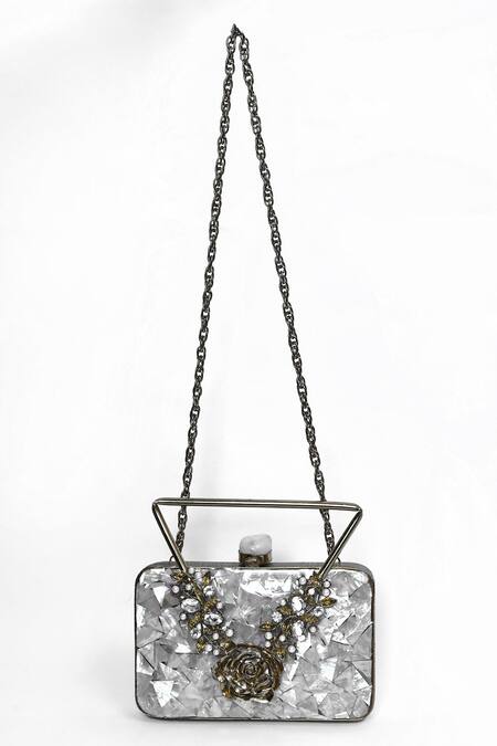 House Of Webhin_Gold Crystals, Embroidery Abstract Floral Embellished Clutch _Online_at_Aza_Fashions
