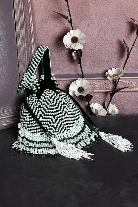 Shop_House Of Webhin_Green Crystals, Pearls Embellished Potli _at_Aza_Fashions
