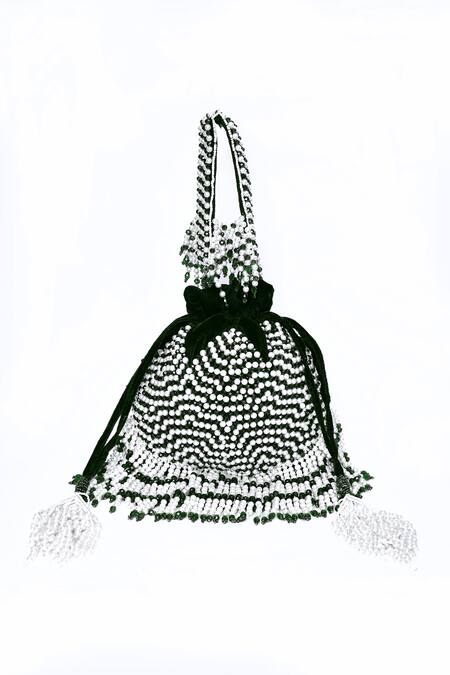 House Of Webhin Green Crystals, Pearls Embellished Potli Online at Aza Fashions House Of Webhin_Green Crystals, Pearls Embellished Potli _Online_at_Aza_Fashions