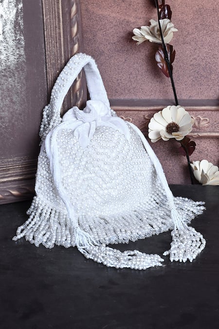 Shop_House Of Webhin_White Beads, Pearls And Embroidered Potli _at_Aza_Fashions
